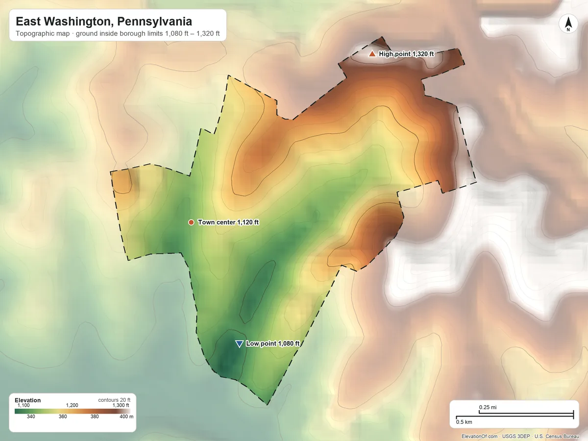 Topographic elevation map of East Washington, Pennsylvania, shaded from 1,080 ft on the south side to 1,320 ft on the northeast side