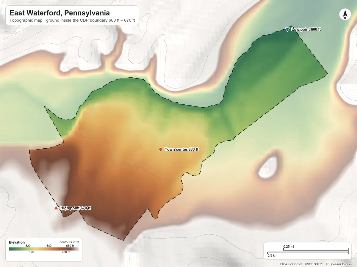 Topographic elevation map of East Waterford, Pennsylvania, shaded from 600 ft on the northeast side to 670 ft on the southwest edge, below higher ground just outside