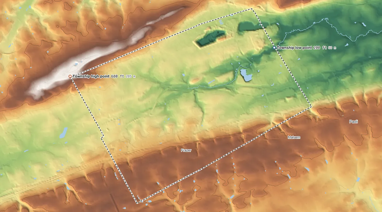 Topographic elevation map of East Whiteland Township, Pennsylvania, shaded from 200 ft on the northeast side to 680 ft on the west side