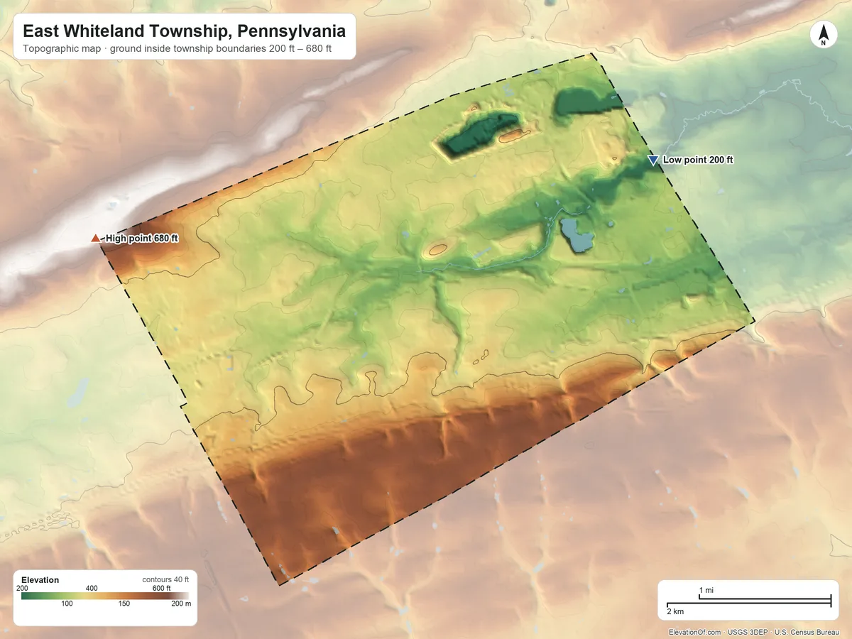 Topographic elevation map of East Whiteland Township, Pennsylvania, shaded from 200 ft on the northeast side to 680 ft on the west side