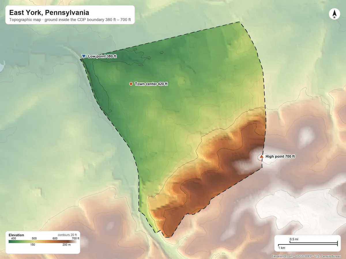 Topographic elevation map of East York, Pennsylvania, shaded from 380 ft on the northwest side to 700 ft on the southeast side