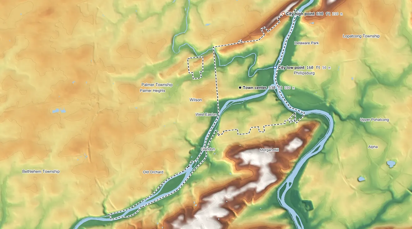 Topographic elevation map of Easton, Pennsylvania, shaded from 160 ft on the northeast side to 690 ft on the northeast side