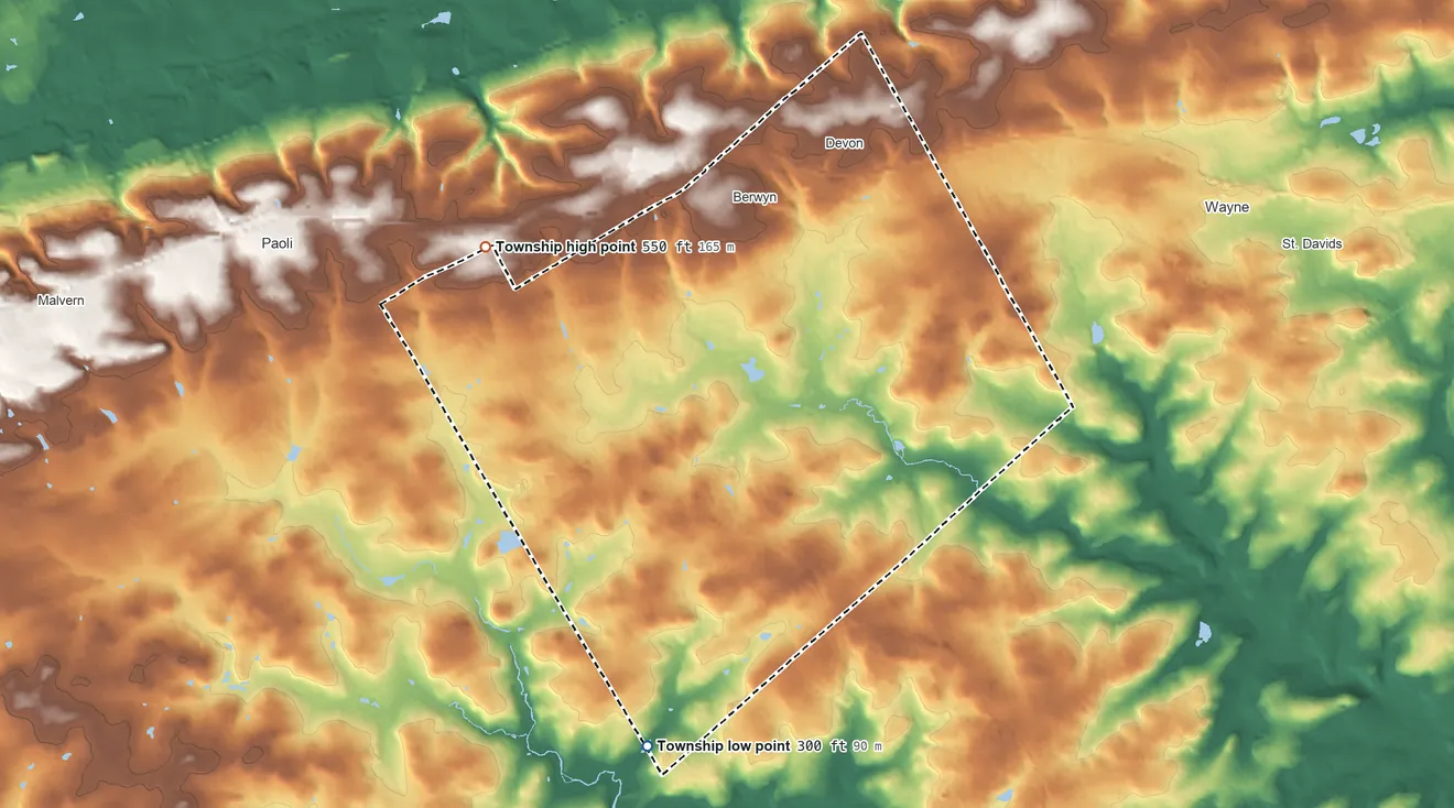 Topographic elevation map of Easttown Township, Pennsylvania, shaded from 300 ft on the south side to 550 ft on the west side