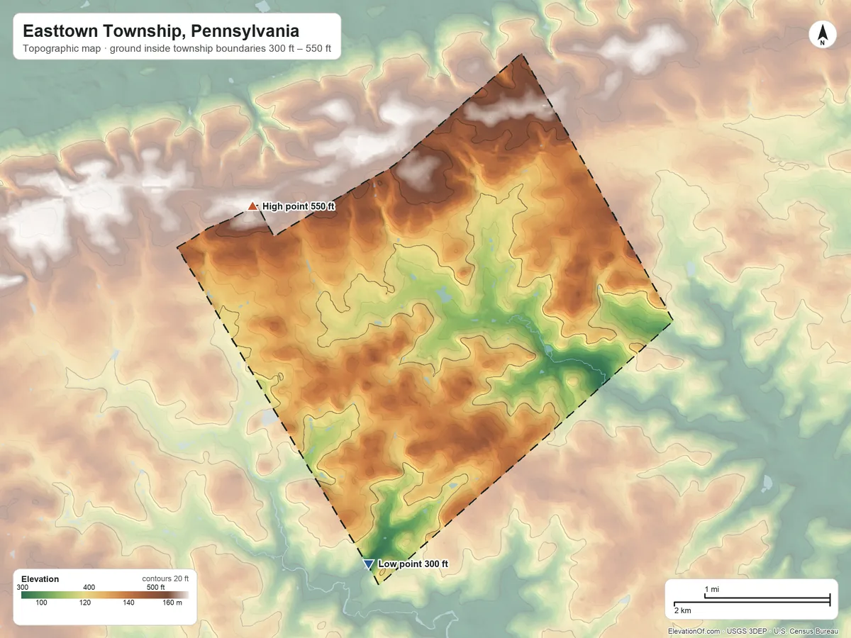 Topographic elevation map of Easttown Township, Pennsylvania, shaded from 300 ft on the south side to 550 ft on the west side