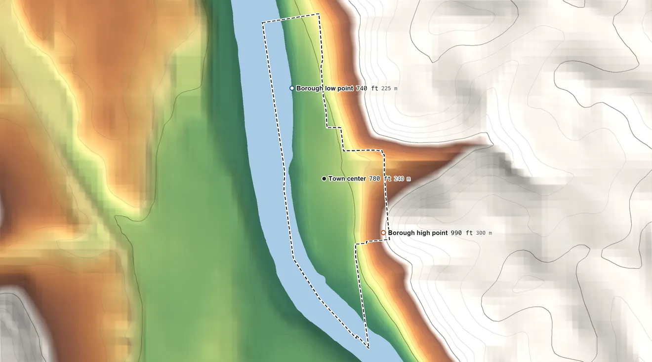 Topographic elevation map of Eastvale, Pennsylvania, shaded from 740 ft on the north side to 990 ft on the southeast side