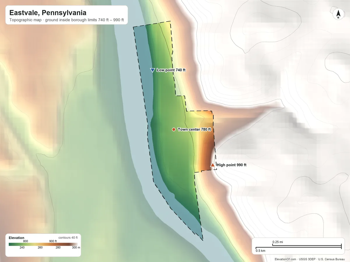 Topographic elevation map of Eastvale, Pennsylvania, shaded from 740 ft on the north side to 990 ft on the southeast side