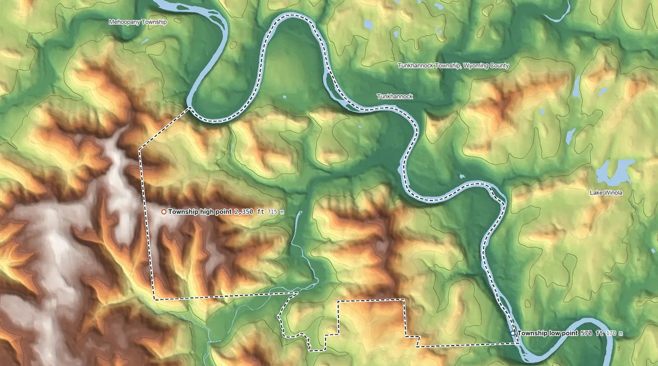 Topographic elevation map of Eaton Township, Pennsylvania, shaded from 570 ft on the southeast side to 2,350 ft on the west side