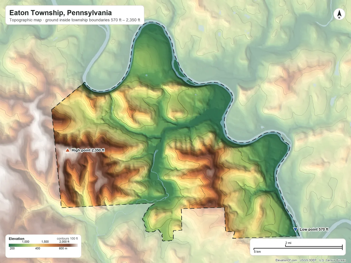 Topographic elevation map of Eaton Township, Pennsylvania, shaded from 570 ft on the southeast side to 2,350 ft on the west side