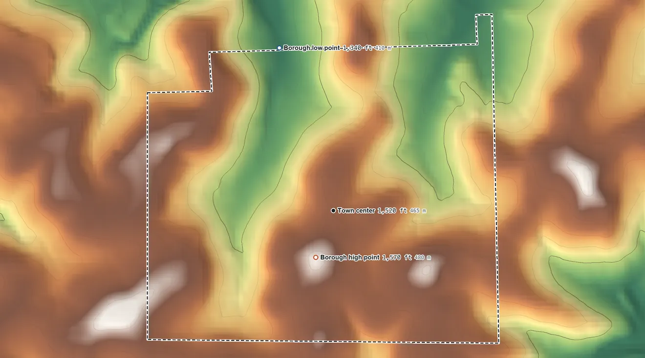 Topographic elevation map of Eau Claire, Pennsylvania, shaded from 1,340 ft on the north side to 1,570 ft on the south side