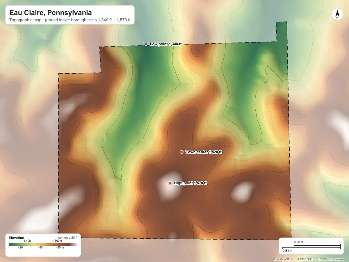 Topographic elevation map of Eau Claire, Pennsylvania, shaded from 1,340 ft on the north side to 1,570 ft on the south side