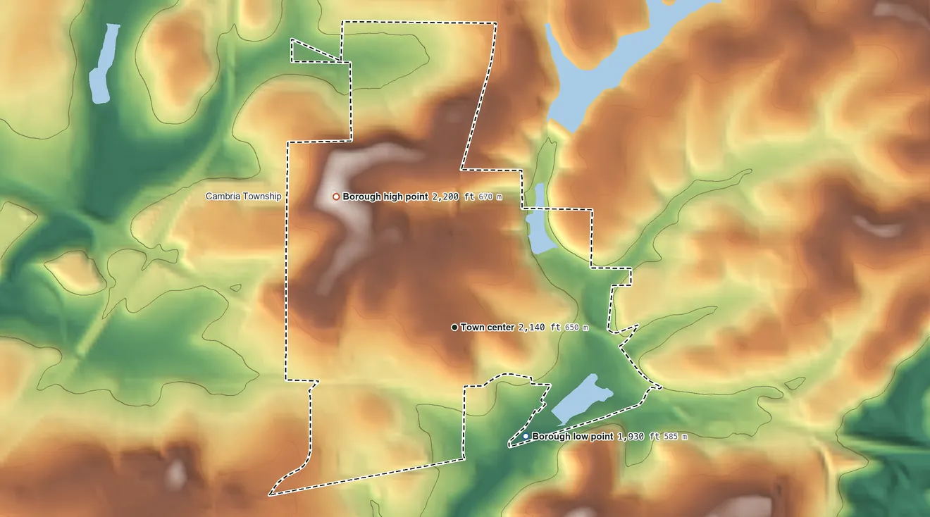 Topographic elevation map of Ebensburg, Pennsylvania, shaded from 1,930 ft on the southeast side to 2,200 ft on the northwest side