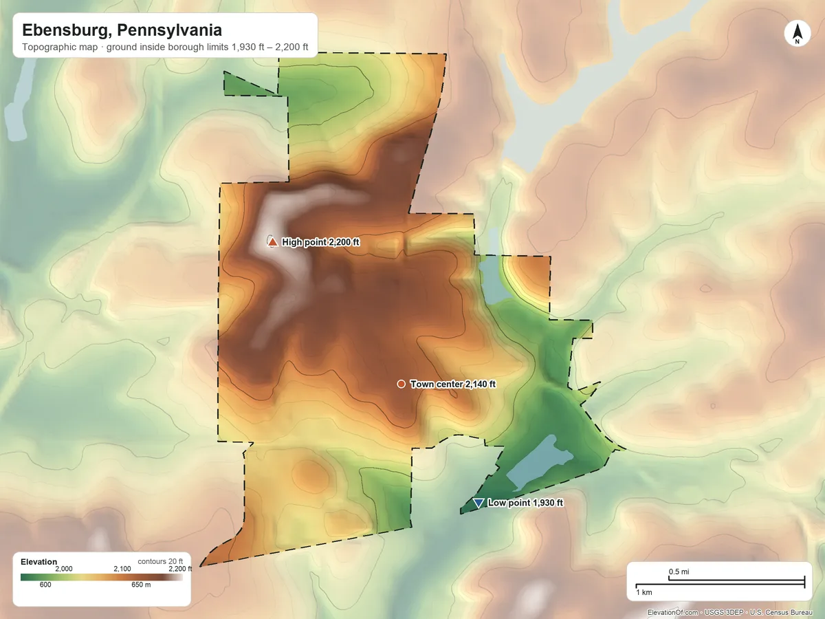 Topographic elevation map of Ebensburg, Pennsylvania, shaded from 1,930 ft on the southeast side to 2,200 ft on the northwest side