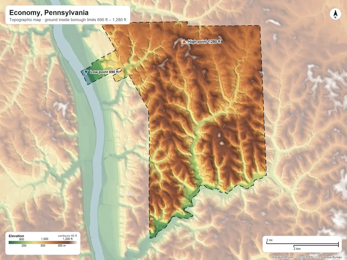 Topographic elevation map of Economy, Pennsylvania, shaded from 690 ft on the west side to 1,280 ft on the north side