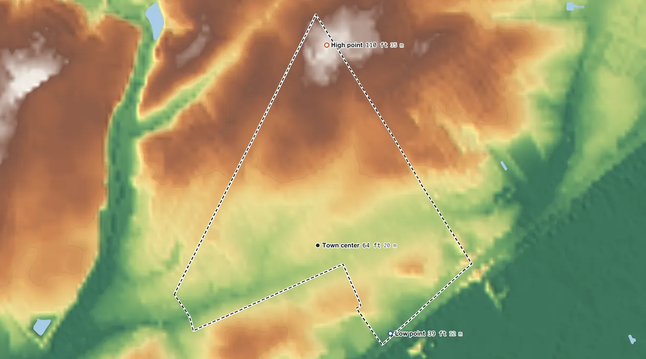 Topographic elevation map of Eddington, Pennsylvania, shaded from 39 ft on the southeast side to 110 ft on the north side
