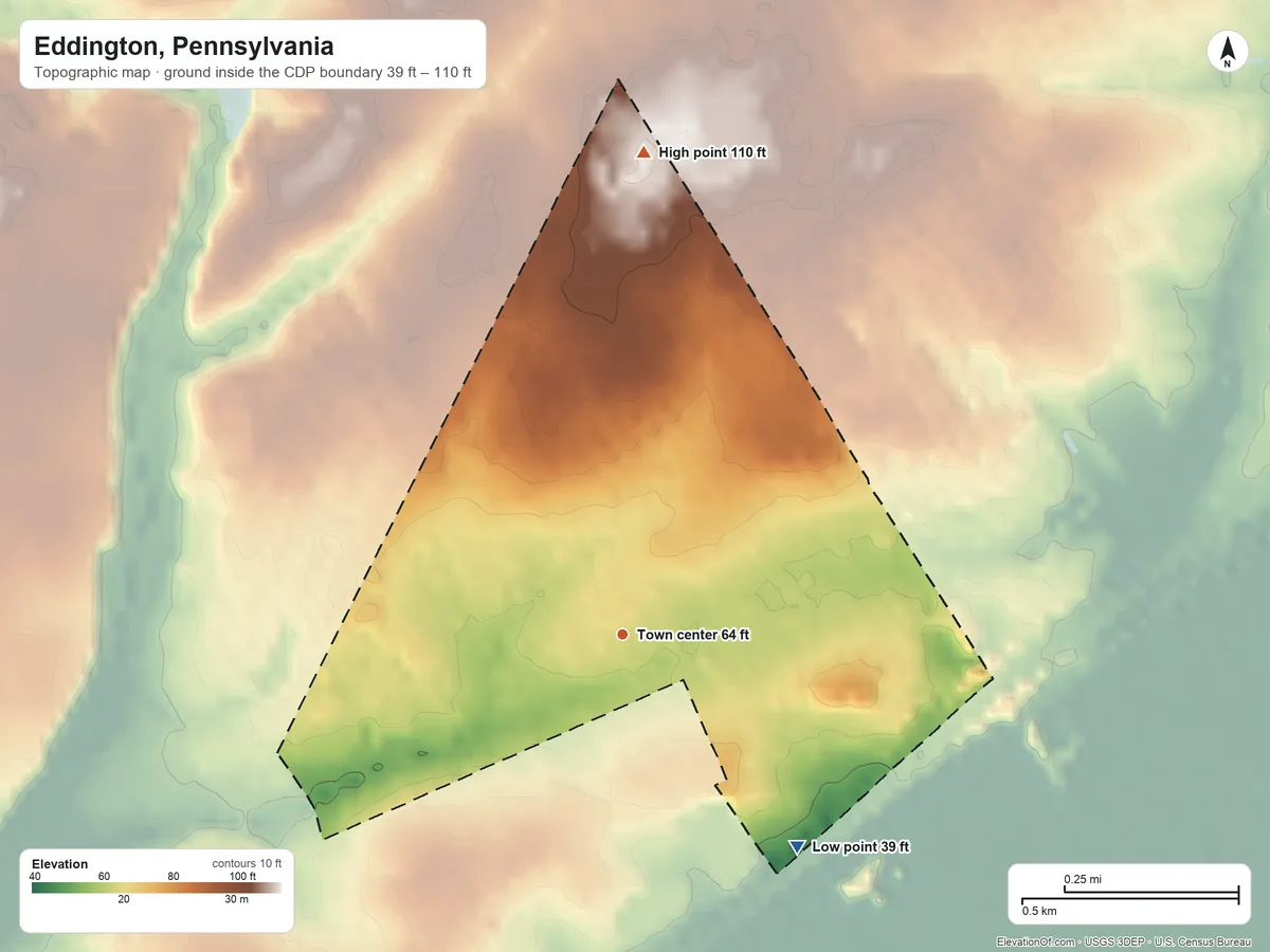 Topographic elevation map of Eddington, Pennsylvania, shaded from 39 ft on the southeast side to 110 ft on the north side