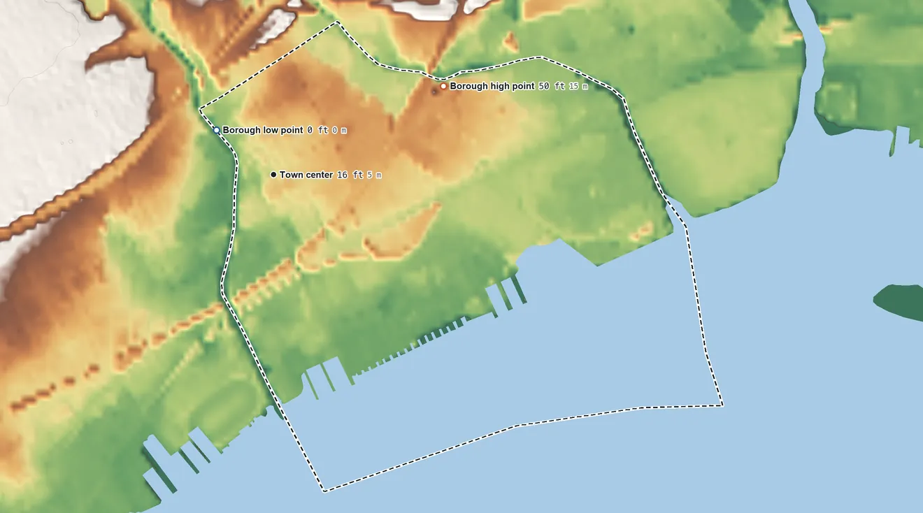 Topographic elevation map of Eddystone, Pennsylvania, shaded from 0 ft on the northwest side to 50 ft on the northeast side