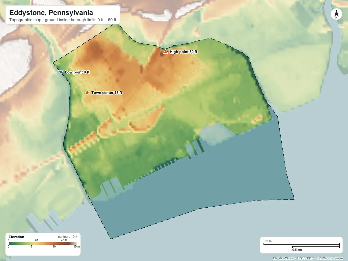 Topographic elevation map of Eddystone, Pennsylvania, shaded from 0 ft on the northwest side to 50 ft on the northeast side