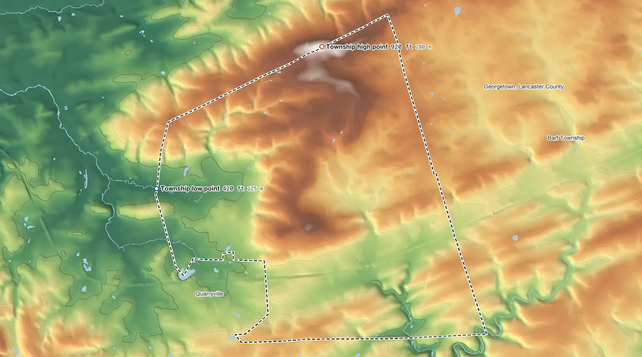 Topographic elevation map of Eden Township, Pennsylvania, shaded from 420 ft on the west side to 920 ft on the north side