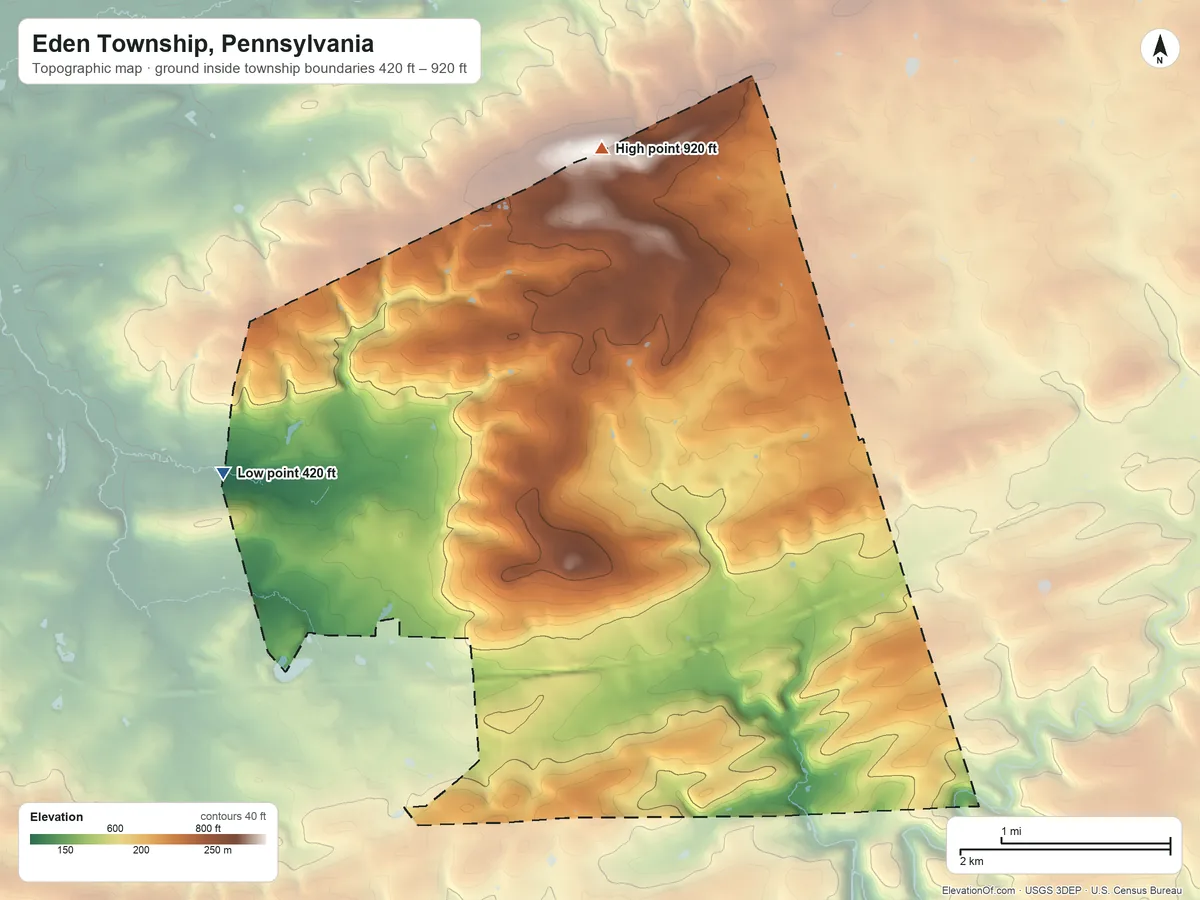 Topographic elevation map of Eden Township, Pennsylvania, shaded from 420 ft on the west side to 920 ft on the north side