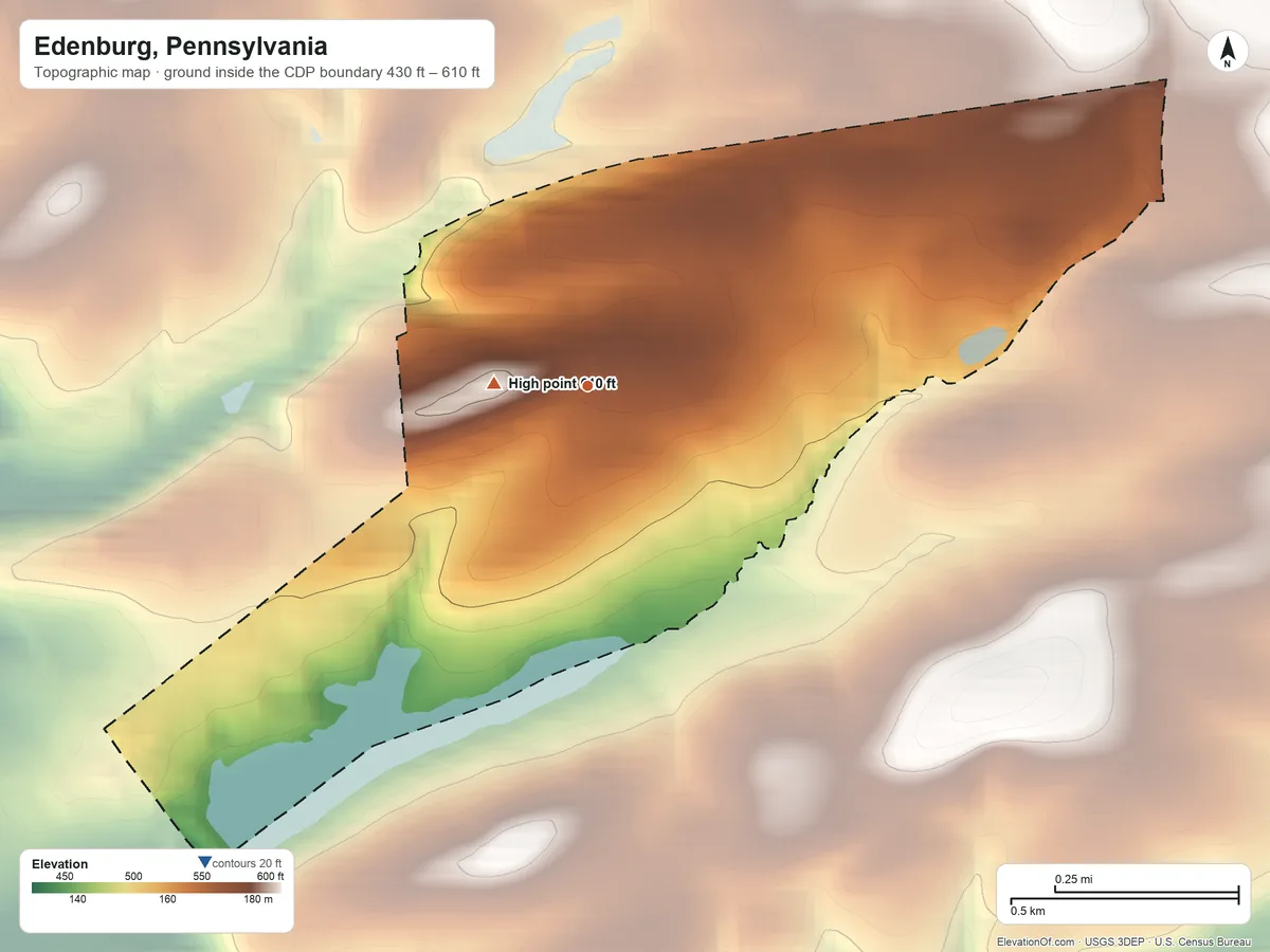 Topographic elevation map of Edenburg, Pennsylvania, shaded from 430 ft on the southwest side to 610 ft on the west edge, below higher ground just outside
