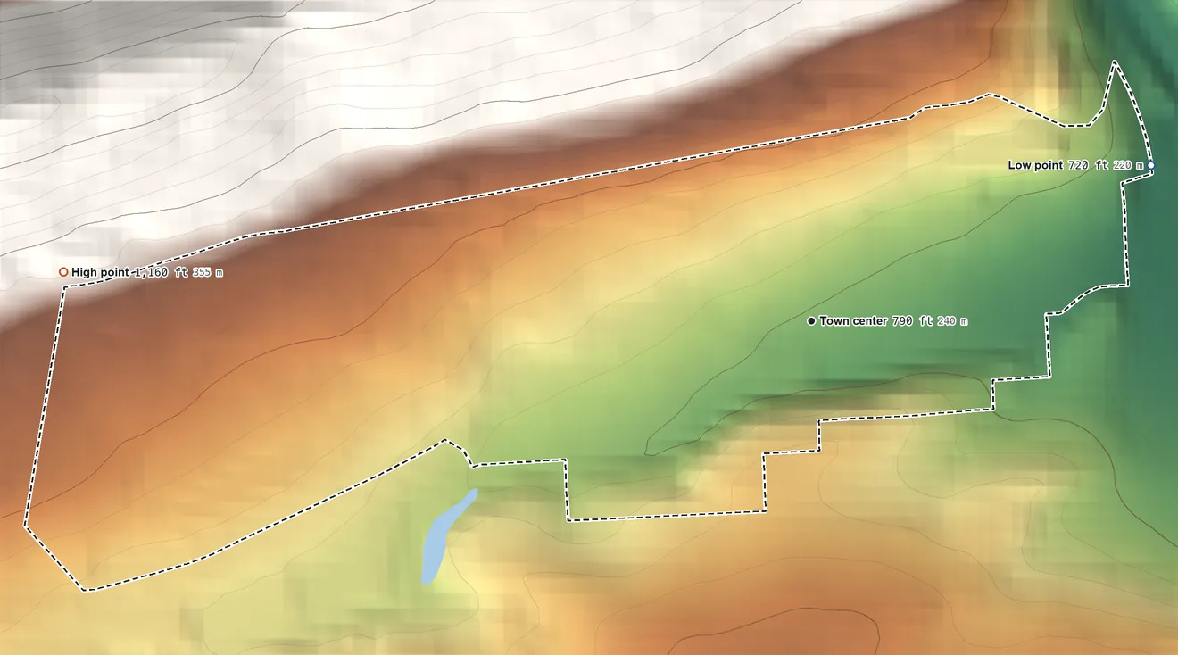 Topographic elevation map of Edgewood, Northumberland County, Pennsylvania, shaded from 720 ft on the northeast side to 1,160 ft at the foot of the Little Mountain