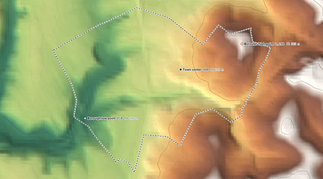 Topographic elevation map of Edgewood, Pennsylvania, shaded from 810 ft on the southwest side to 1,200 ft on the northeast side