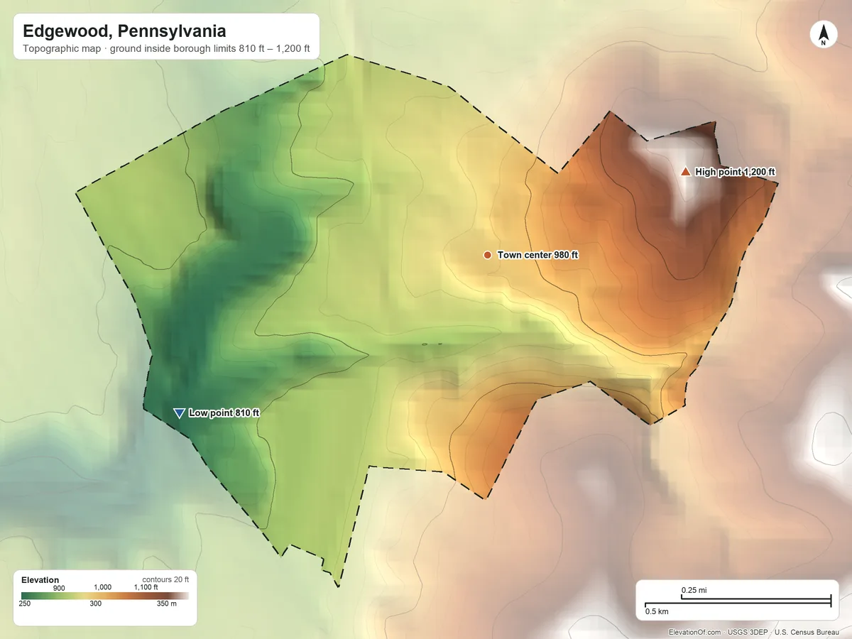 Topographic elevation map of Edgewood, Pennsylvania, shaded from 810 ft on the southwest side to 1,200 ft on the northeast side