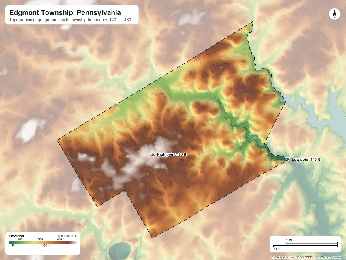Topographic elevation map of Edgmont Township, Pennsylvania, shaded from 140 ft on the southeast side to 480 ft on the southwest side