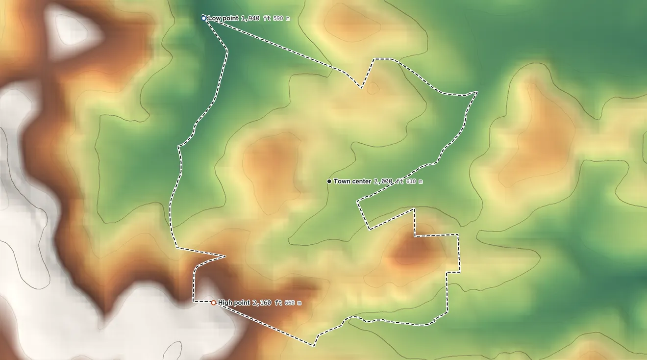 Topographic elevation map of Edie, Pennsylvania, shaded from 1,940 ft on the northwest side to 2,160 ft on the southwest side