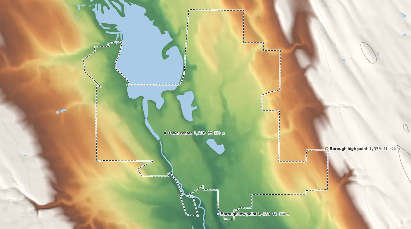Topographic elevation map of Edinboro, Pennsylvania, shaded from 1,180 ft on the southeast side to 1,370 ft on the east side