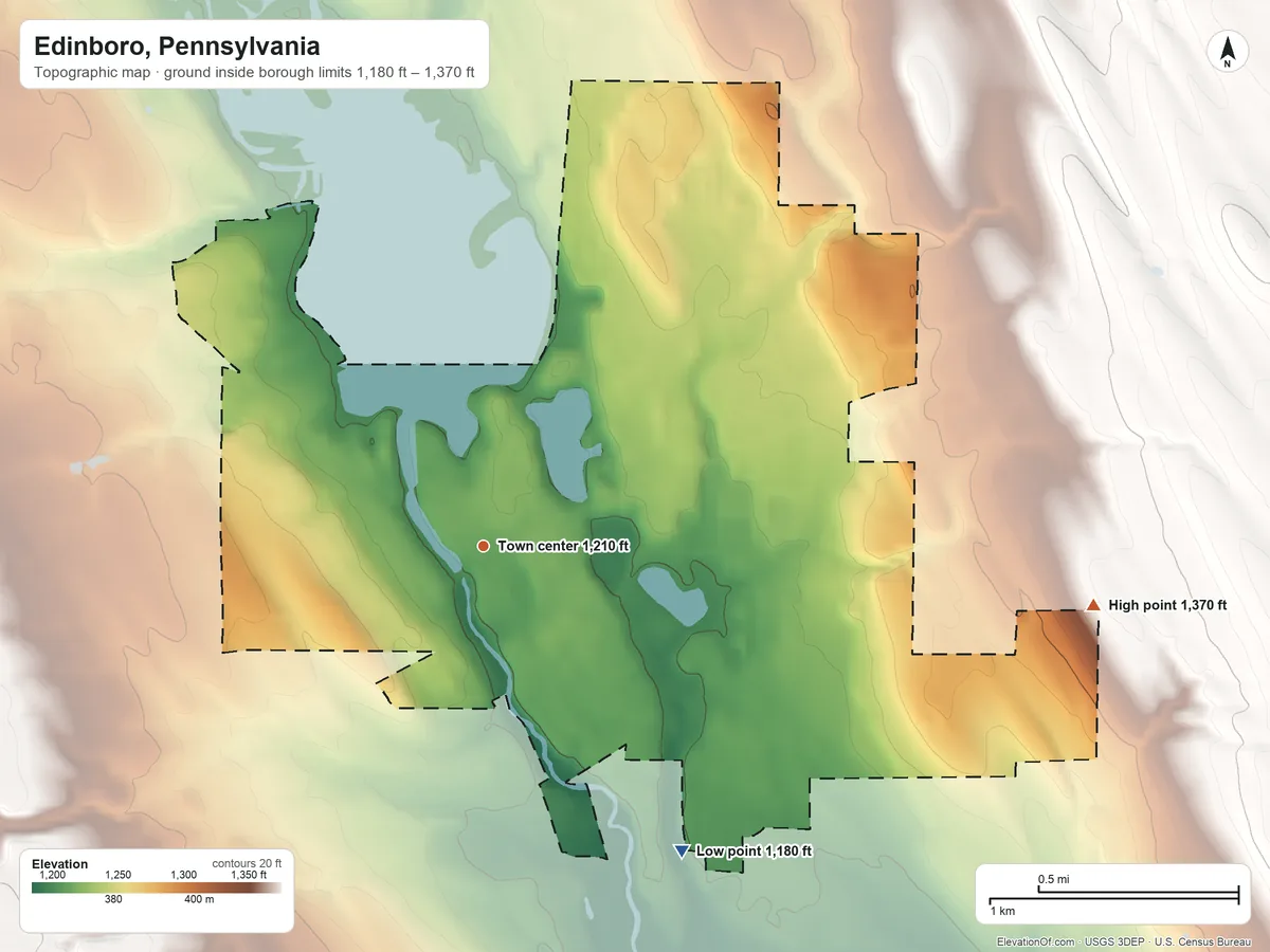 Topographic elevation map of Edinboro, Pennsylvania, shaded from 1,180 ft on the southeast side to 1,370 ft on the east side