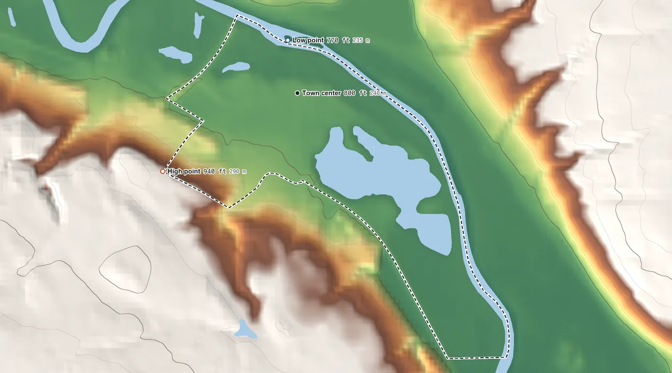 Topographic elevation map of Edinburg, Pennsylvania, shaded from 770 ft on the north side to 940 ft on the southwest side