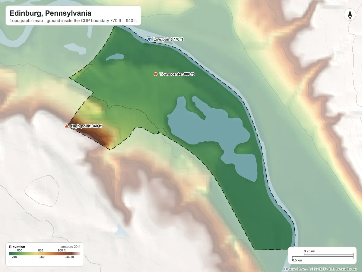 Topographic elevation map of Edinburg, Pennsylvania, shaded from 770 ft on the north side to 940 ft on the southwest side
