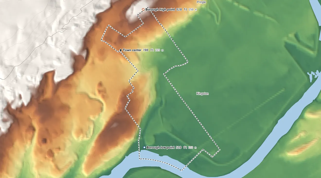 Topographic elevation map of Edwardsville, Pennsylvania, shaded from 510 ft on the south side to 820 ft on the northeast edge, below higher ground just outside