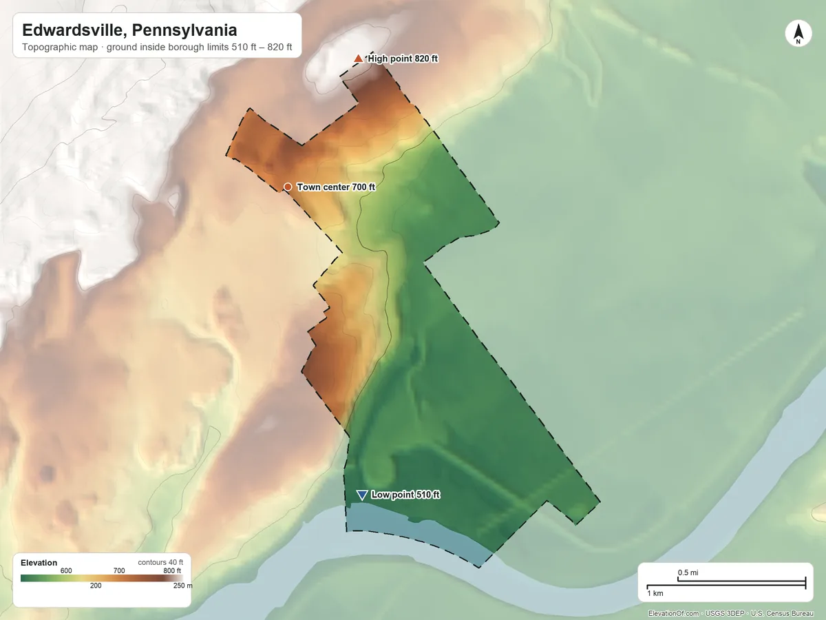 Topographic elevation map of Edwardsville, Pennsylvania, shaded from 510 ft on the south side to 820 ft on the northeast edge, below higher ground just outside