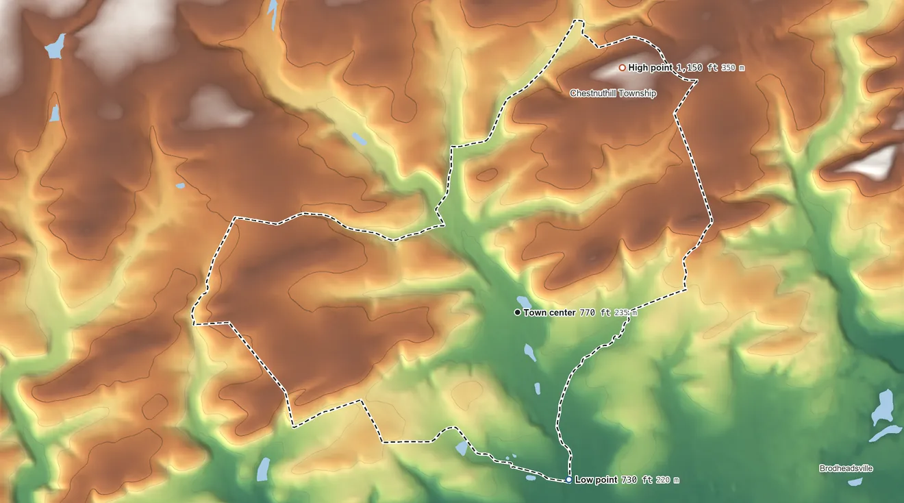 Topographic elevation map of Effort, Pennsylvania, shaded from 730 ft on the south side to 1,150 ft on the northeast side