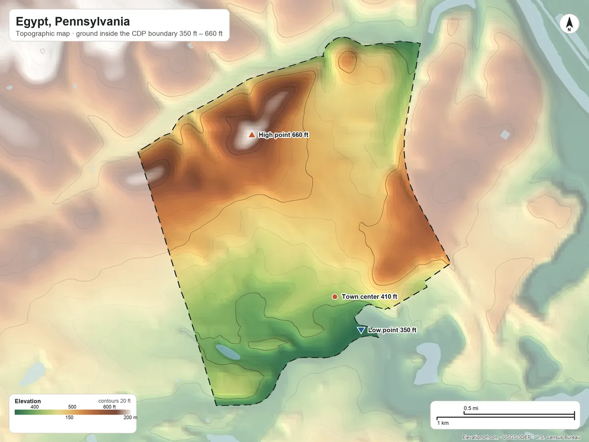 Topographic elevation map of Egypt, Pennsylvania, shaded from 350 ft near the middle to 660 ft on the northwest side