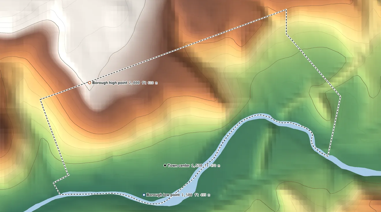Topographic elevation map of Ehrenfeld, Pennsylvania, shaded from 1,500 ft on the southwest side to 2,000 ft on the northwest side