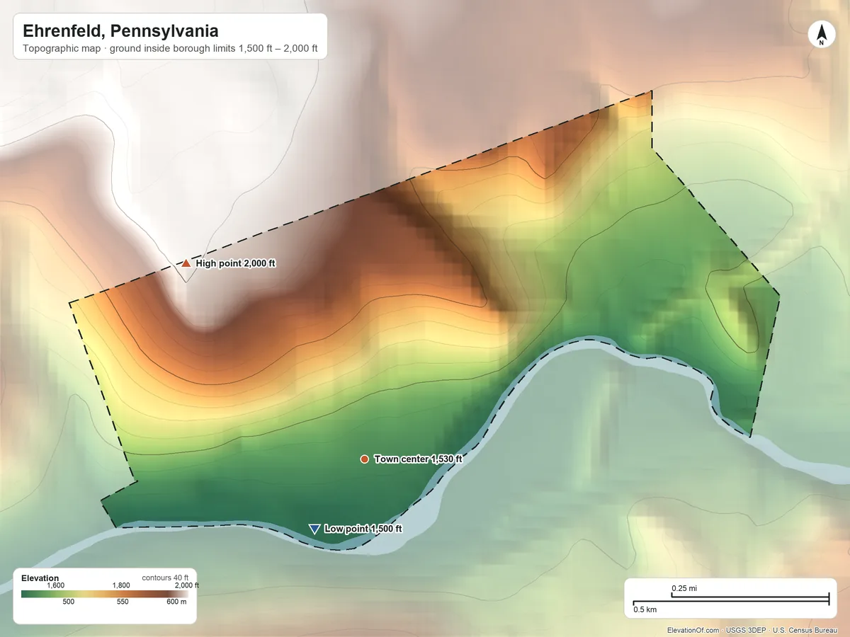 Topographic elevation map of Ehrenfeld, Pennsylvania, shaded from 1,500 ft on the southwest side to 2,000 ft on the northwest side