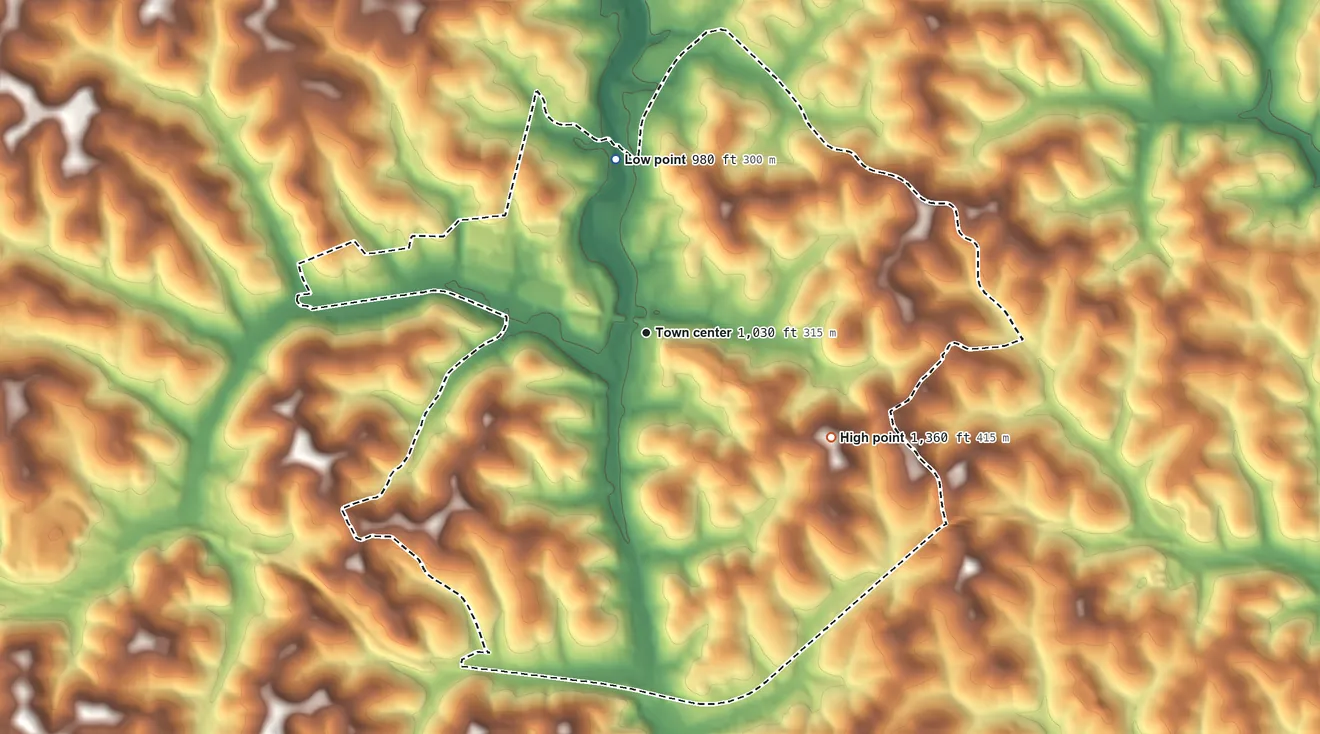 Topographic elevation map of Eighty Four, Pennsylvania, shaded from 980 ft on the north side to 1,360 ft on the southeast side