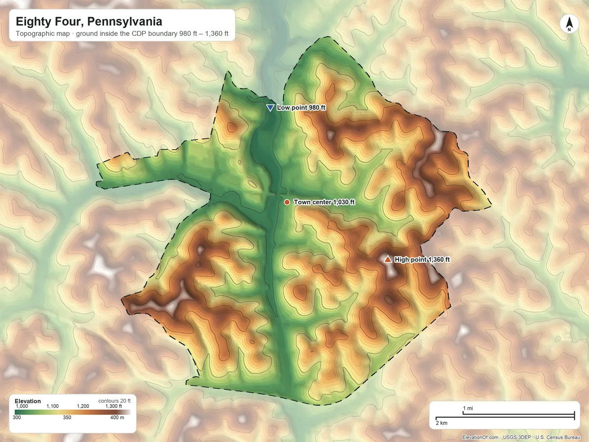 Topographic elevation map of Eighty Four, Pennsylvania, shaded from 980 ft on the north side to 1,360 ft on the southeast side