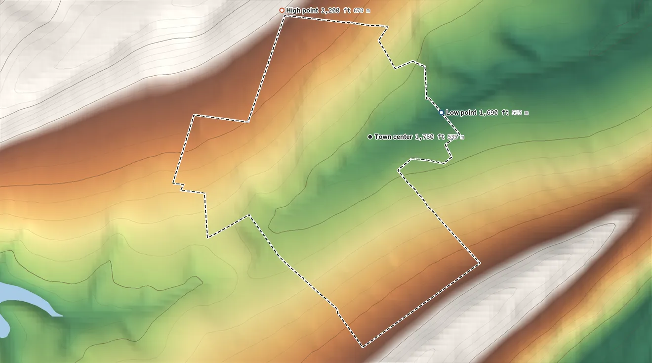Topographic elevation map of Elberta, Pennsylvania, shaded from 1,690 ft on the east side to 2,200 ft on the northwest edge, below higher ground just outside