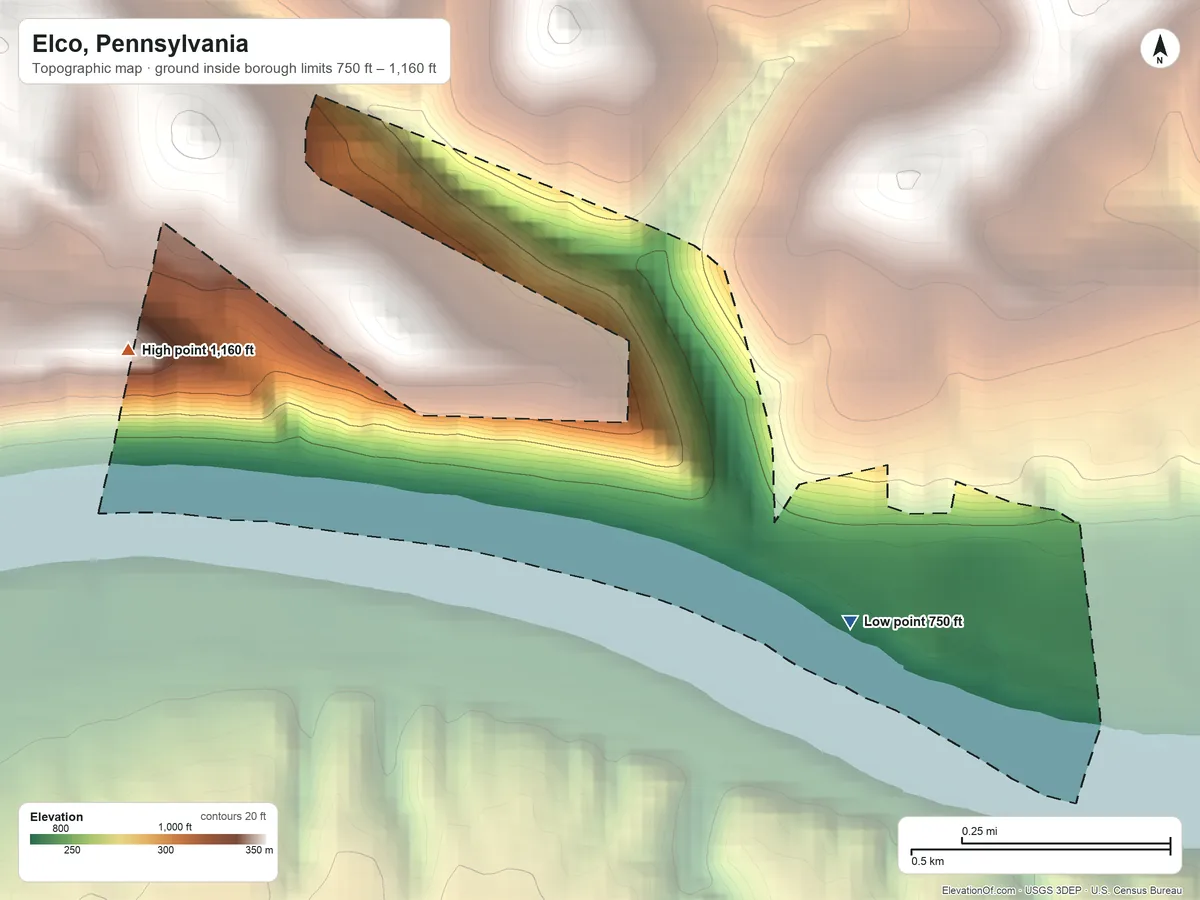Topographic elevation map of Elco, Pennsylvania, shaded from 750 ft near the middle to 1,160 ft on the west side