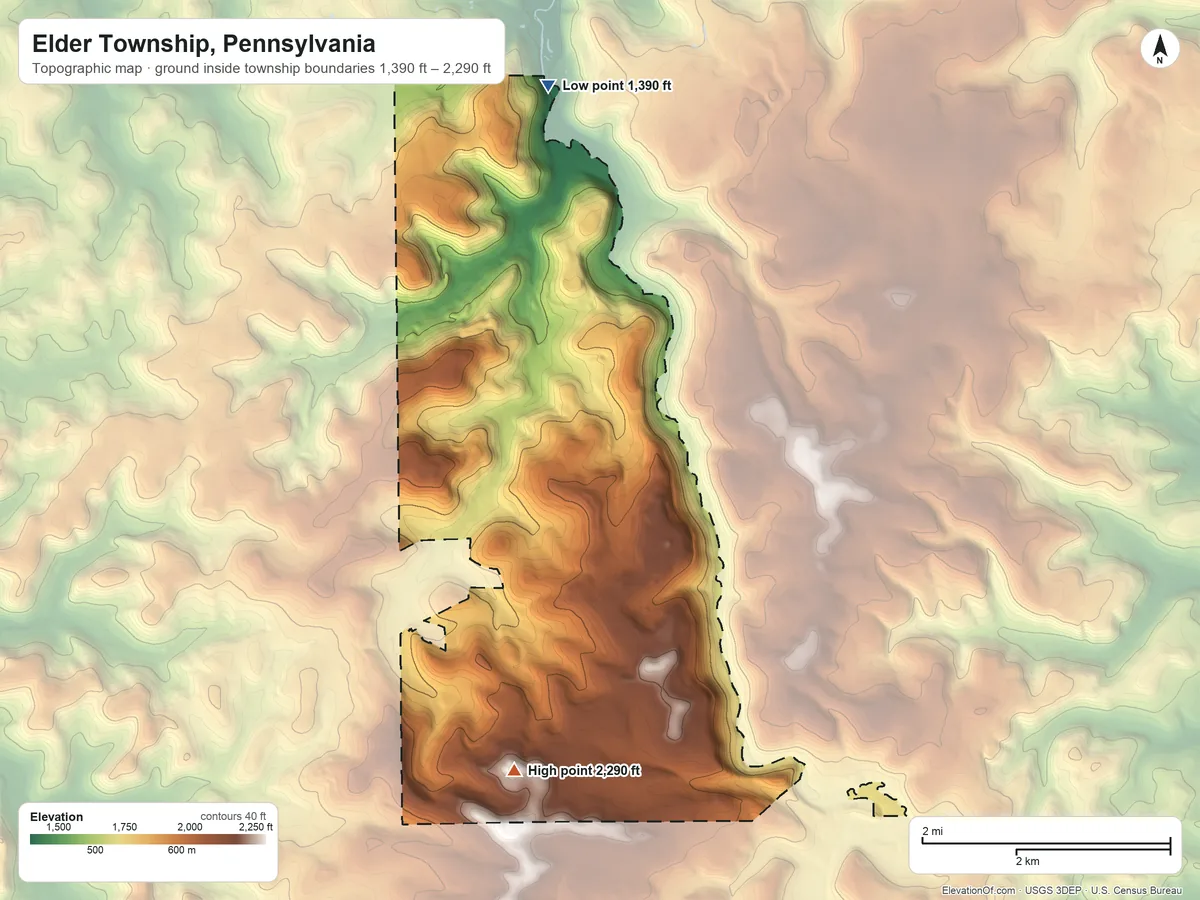 Topographic elevation map of Elder Township, Pennsylvania, shaded from 1,390 ft on the north side to 2,290 ft on the south side