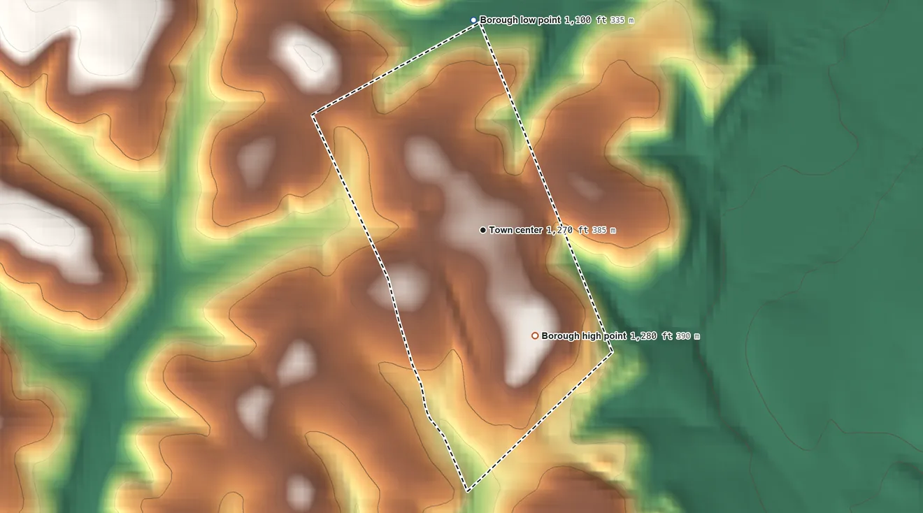 Topographic elevation map of Elderton, Pennsylvania, shaded from 1,100 ft on the north side to 1,280 ft on the southeast side