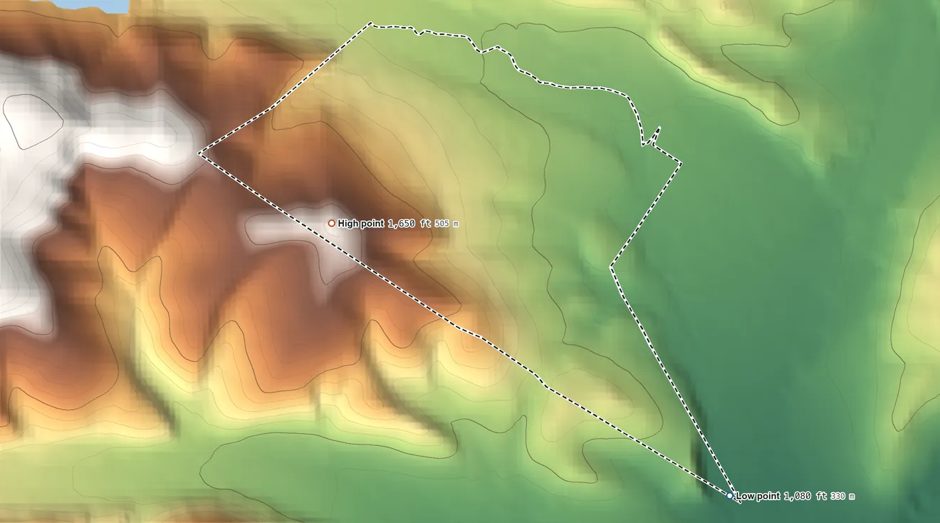 Topographic elevation map of Eldorado, Pennsylvania, shaded from 1,080 ft on the southeast side to 1,650 ft on the west edge, below higher ground just outside