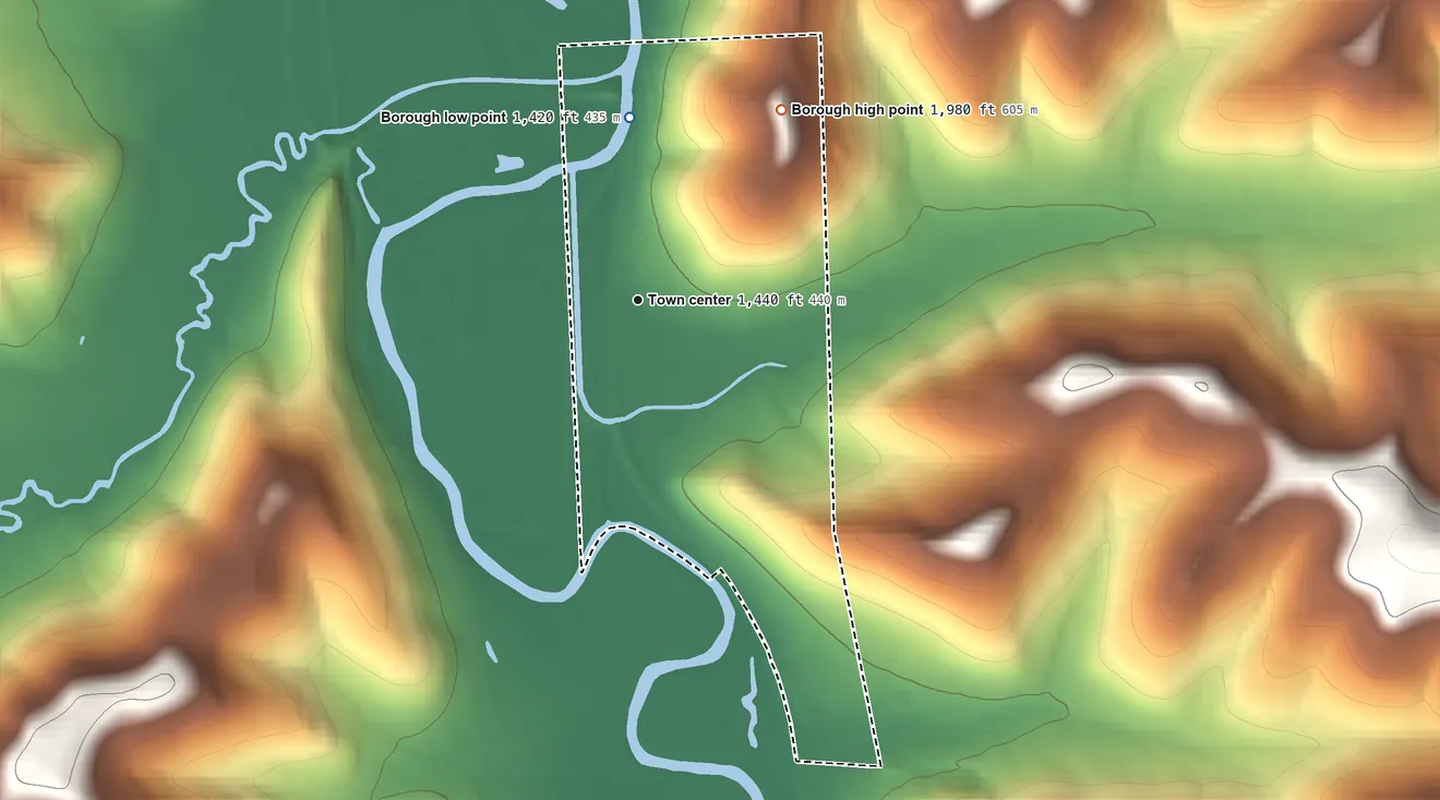 Topographic elevation map of Eldred, Pennsylvania, shaded from 1,420 ft on the north side to 1,980 ft on the northeast side