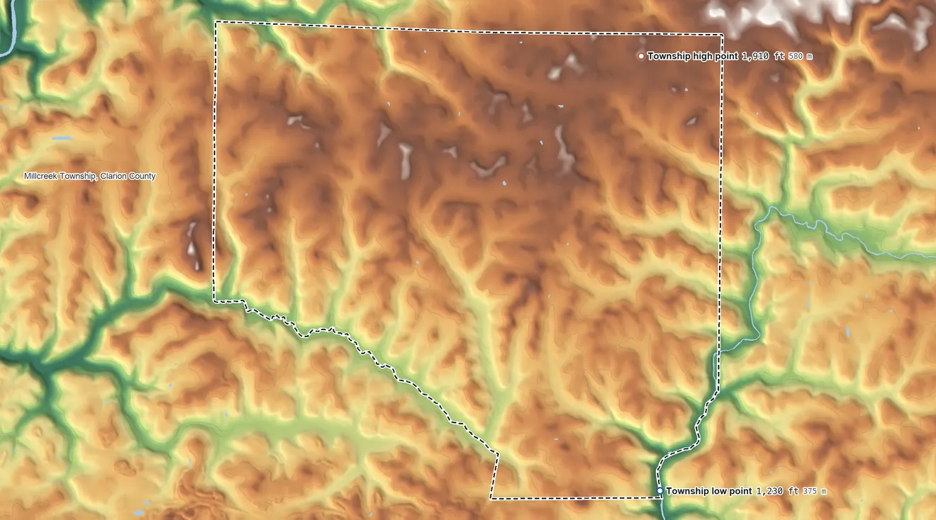 Topographic elevation map of Eldred Township, Jefferson County, Pennsylvania, shaded from 1,230 ft on the southeast side to 1,910 ft on the northeast side