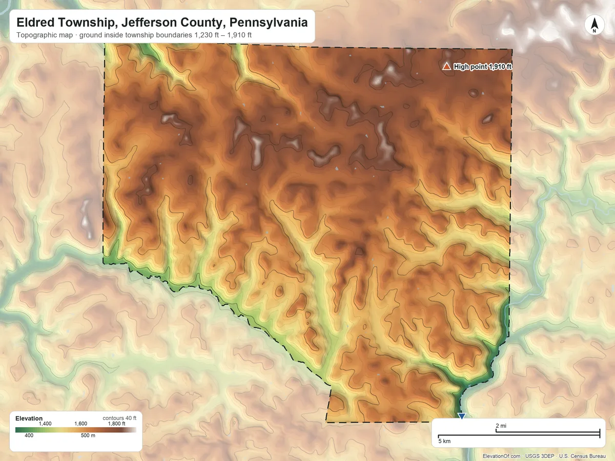 Topographic elevation map of Eldred Township, Jefferson County, Pennsylvania, shaded from 1,230 ft on the southeast side to 1,910 ft on the northeast side