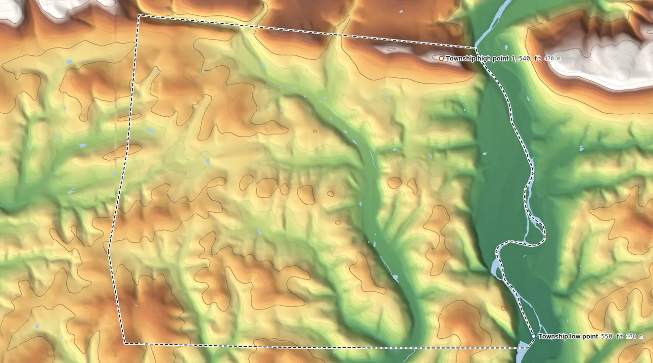 Topographic elevation map of Eldred Township, Lycoming County, Pennsylvania, shaded from 550 ft on the southeast side to 1,540 ft on the northeast side
